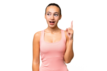 Young Arab woman over isolated background thinking an idea pointing the finger up