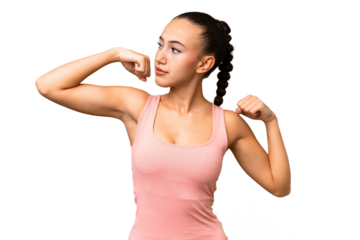 Young Arab woman over isolated background doing strong gesture