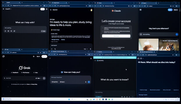 Monitor screen displaying multiple AI chatbot interfaces: ChatGPT, Gemini, Claude, Meta AI, Grok, DeepSeek, Perplexity, and Copilot.