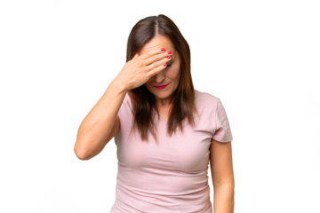 Middle-aged caucasian woman over isolated background with headache
