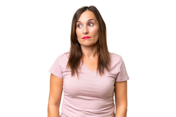 Middle-aged caucasian woman over isolated background making doubts gesture looking side