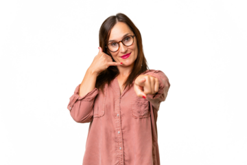 Middle-aged caucasian woman over isolated background making phone gesture and pointing front