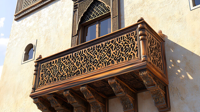Elegant wooden balcony with dark, intricate geometric latticework and carved corbels, set against a sunlit stucco facade