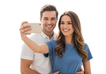 Happy couple taking a selfie together isolated on transparent background