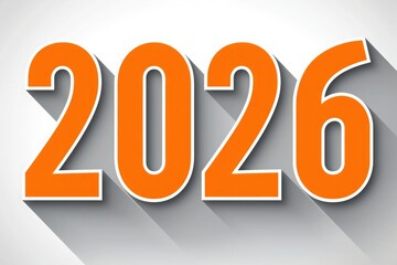 orange 2026 numbers with long shadow flat design on white background for new year celebration greeting card template
