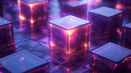 A futuristic composition of glowing glass cubes in vibrant neon lights arranged in dynamic order, modern technology, artificial intelligence, blockchain, data storage, innovation and digital design.