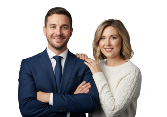 Smiling professional business man and woman posing together isolated on transparent background