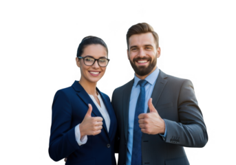 Smiling business professionals giving thumbs up isolated on transparent background