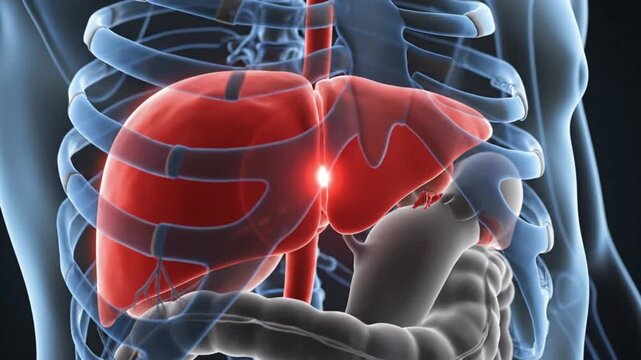 3D Medical Visualization of Human Liver and Ribcage Anatomy Highlighting Liver Function and Health in Transparent Torso View