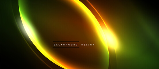 Abstract dynamic lines, vibrant colors, dark background. Smooth gradients create modern visual effect. Bright illumination highlights curves.