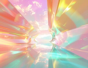 Surreal Digital Art With Pixelated Abstract Architecture Reflecting A Pastel Sky And Clouds With Golden Light Streaks And Glitches