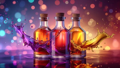 Three Clear Glass Bottles Filled With Amber And Red Liquids With Colorful Liquid Splashes And Bokeh Lights Background