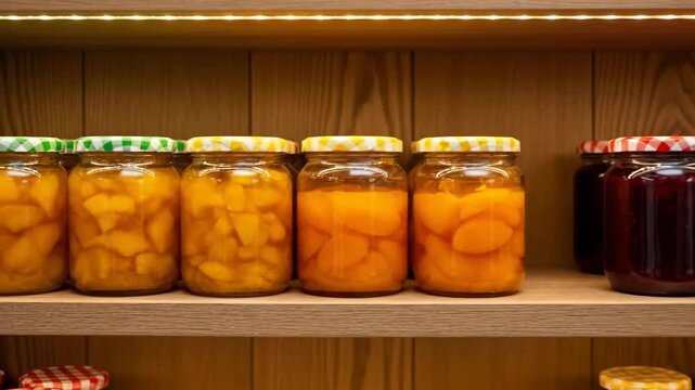 Organized jars of colorful preserves on wooden shelves in kitchen pantry