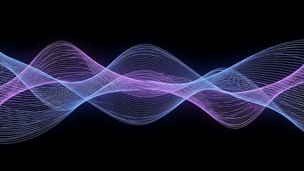 Abstract glowing sound wave visualization with blue and purple tones on a black background representing audio frequencies and digital signals