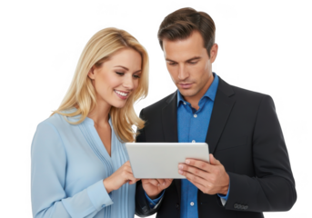 Man and woman looking at tablet together isolated on transparent background