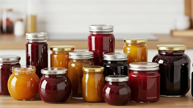 Variety of jam jars displayed in kitchen setting with focus on glass and metal textures