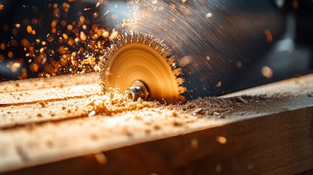 A close up of a circular saw cutting through wooden plank, creating flying sparks and sawdust, symbolizing construction, carpentry, craftsmanship, woodworking industry, tools and hard work in progress - Powered by Adobe