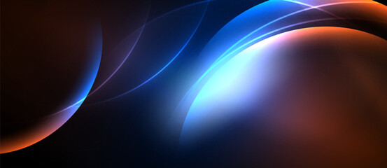 Abstract flowing shapes, vibrant colors, dark background. Light radiates from central point, creating dynamic composition.