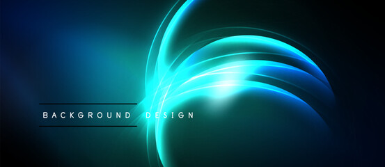 Dark blue abstract background. Bright neon curves create dynamic light effect. Modern design element for digital projects.