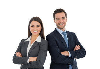 Smiling business professionals a man and woman standing confidently with arms crossed isolated on transparent background