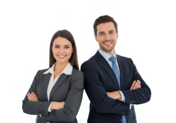 Smiling business professionals a man and woman standing confidently with arms crossed isolated on transparent background