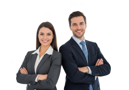 Smiling business professionals a man and woman standing confidently with arms crossed isolated on transparent background - Powered by Adobe