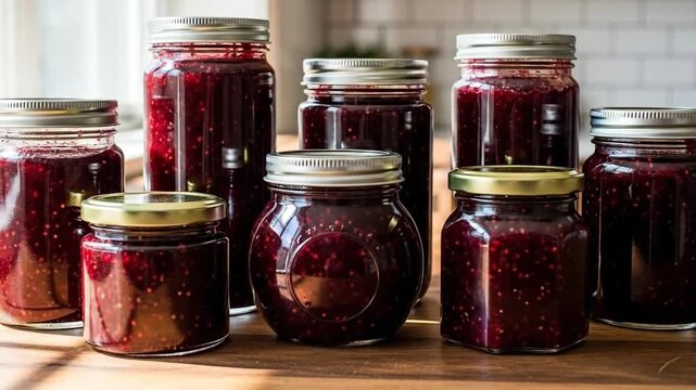 Sunlit assortment of homemade raspberry jam jars on wooden kitchen counter