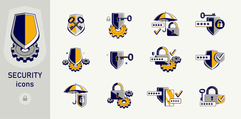 Fototapeta premium Safety and security vector detailed icons set, account privacy and antivirus, protected personal data cybersecurity.