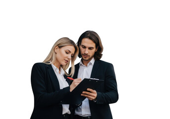 Two business professionals collaborating on a tablet device isolated on transparent background