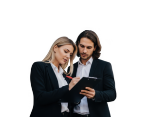 Two business professionals collaborating on a tablet device isolated on transparent background