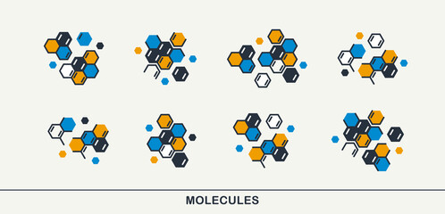 Chemical molecules vector icons set, chemistry science theme, laboratory research and experiments, pharmacology and healthcare.