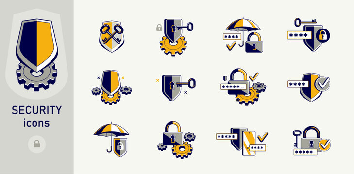 Safety and security vector detailed icons set, account privacy and antivirus, protected personal data cybersecurity.