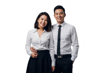 Young asian couple in business attire standing together smiling isolated on transparent background