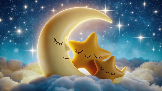 Sleepy Moon cuddling two smiling stars on a cloud island under a sparkling starry sky, soft cinematic glow, dreamy bedtime fantasy atmosphere with gentle cloud movement and warm luminous night colors
