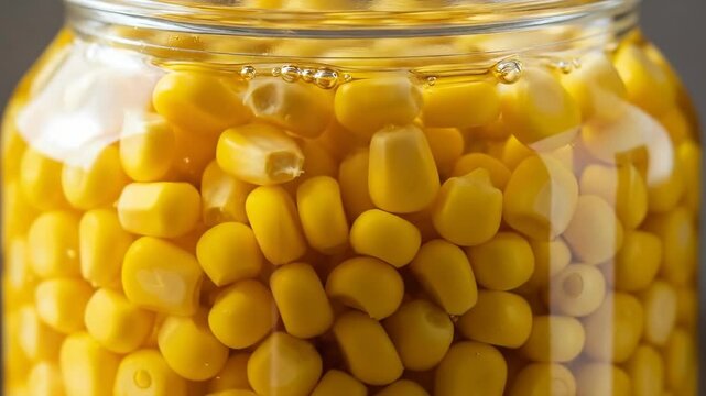 Closeup sequence of glass jars filled with vibrant yellow corn kernels in natural light