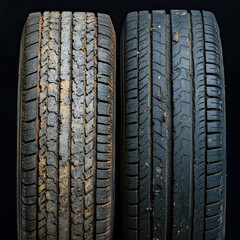 Fototapeta premium Four old worn tires close-up on a black background. Studio photo. Space for text.