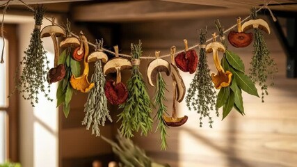 Hand arranges dried herb garland in natural sunlit kitchen setting
