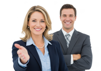 Smiling businesswoman offering handshake with colleague behind her isolated on transparent background