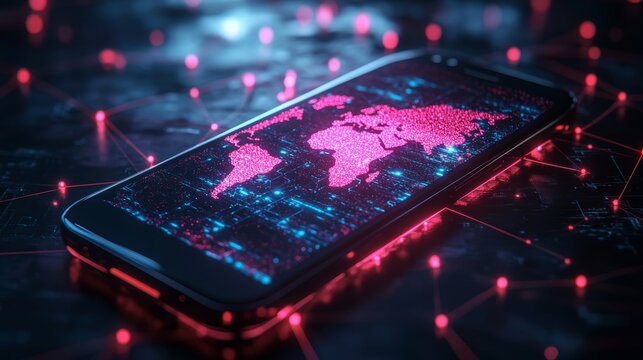 A smartphone displaying a glowing pink digital world map connected with network lines, symbolizing communication, technology, globalization, data, connectivity, and futuristic mobile innovation.