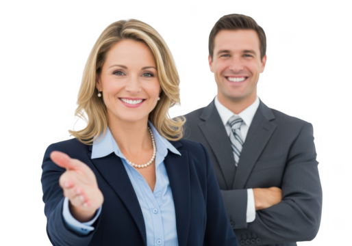 Smiling businesswoman offering handshake with colleague behind her isolated on transparent background - Powered by Adobe