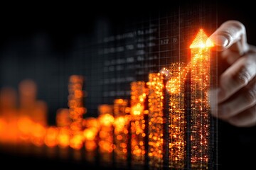 Financial planning session with glowing orange upward graph and data overlay showing investment growth and positive trends on dark background illuminated by bright light