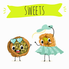 Funny Characters Ekmek kadaif. Turkish,  Eastern sweets. Hand drawn vector illustration.