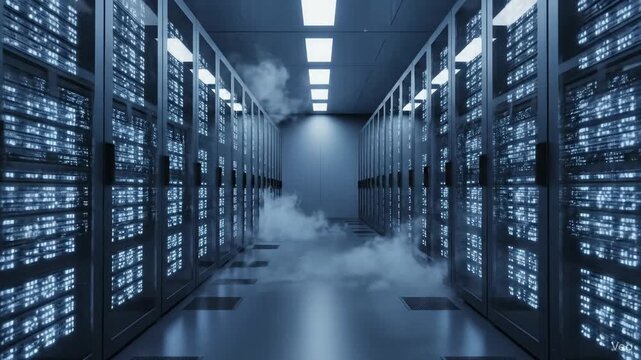 High tech data center with cooling fog between illuminated server racks showcasing powerful digital infrastructure and advanced network technology. Data center corridor with glowing servers.