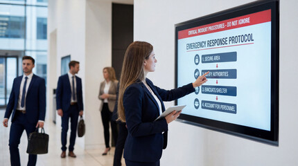 Professional  woman activating emergency response protocol procedures on digital display showing critical incident steps for workplace safety