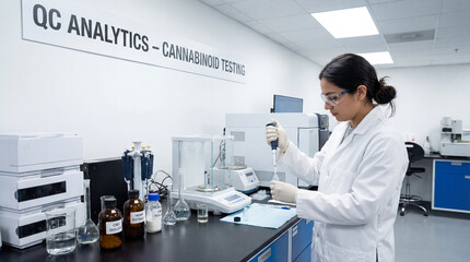  QC analytics laboratory technician performing cannabinoid testing quality control analysis on hemp cannabis isolate and terpene extract samples