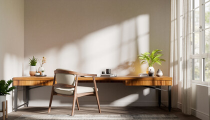 Stunning modern home office setup bathed in natural sunlight with warm wood desk and minimalist decor