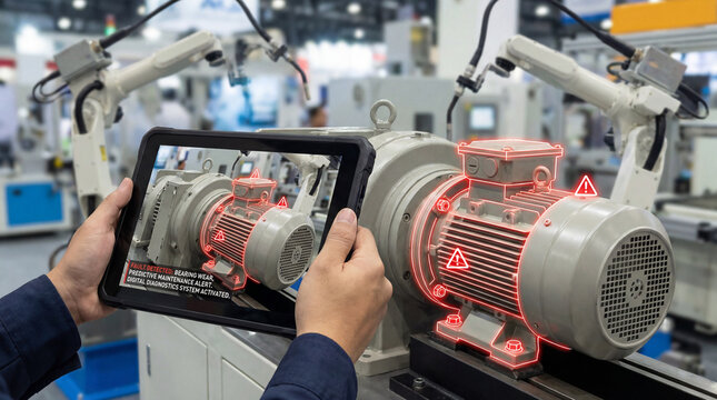 Industrial technician using augmented reality tablet for predictive maintenance diagnostics on electric motor showing bearing wear alerts