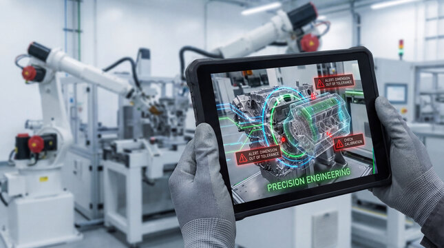 Precision engineering augmented reality inspection showing mechanical component dimension tolerance alerts and calibration check on tablet display