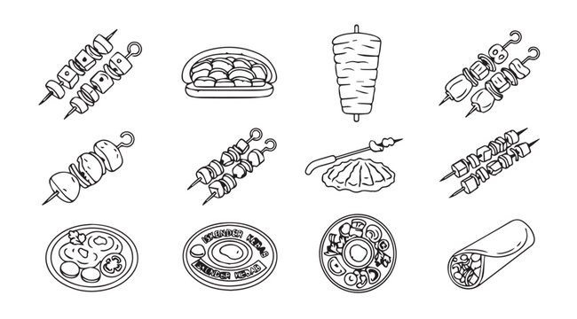 Set of hand drawn middle eastern food icons skewers kebabs shawarma burgers falafel pitbread vector