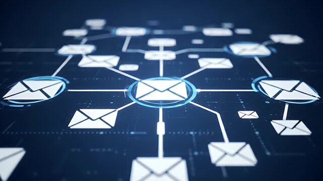 Abstract Email Network Illustration with Glowing Blue Lines and Envelopes on Dark Background